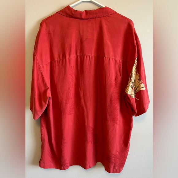 Bamboo Cay Shirt Mens Red Silk Hawaiian Bamboo Leaves Embroidered Relaxed Size L - Picture 6 of 6
